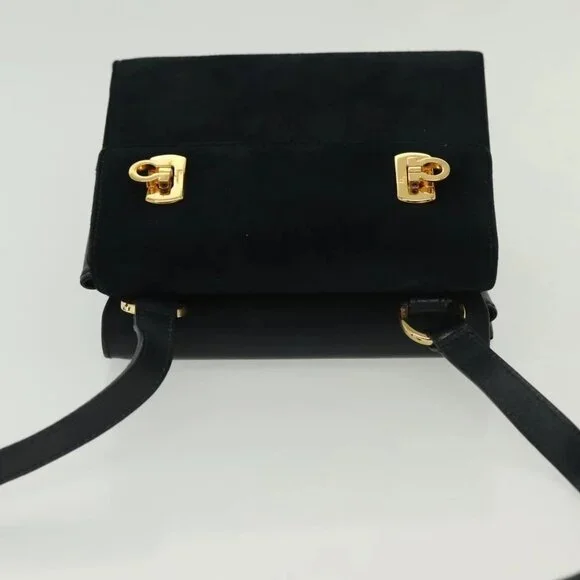 Salvatore Ferragamo Gancini Shoulder Bag Leather Suede Navy Gold Auth - Picture 6 of 16